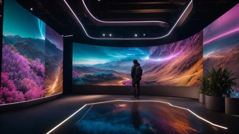 a futuristic digital landscape illuminated by vibrant screens displaying flowing user-generated content, symbolizing the transformative impact of ai technology on creative expression.