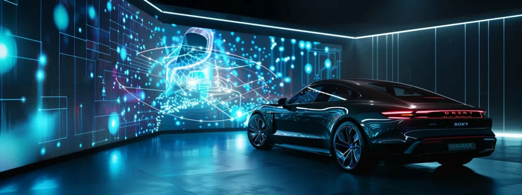 a futuristic holographic display projecting dynamic marketing content created by ai software.