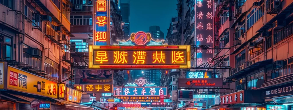 a glowing neon sign displaying personalized ads over a bustling city street at night.