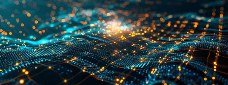 a luminous digital landscape, where intricate algorithms intertwine with vibrant, swirling colors, symbolizes the dynamic balance of ethics in ai content creation.