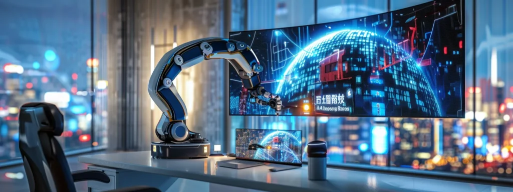 a sleek, futuristic robot creating dynamic and engaging advertisements on a computer screen.