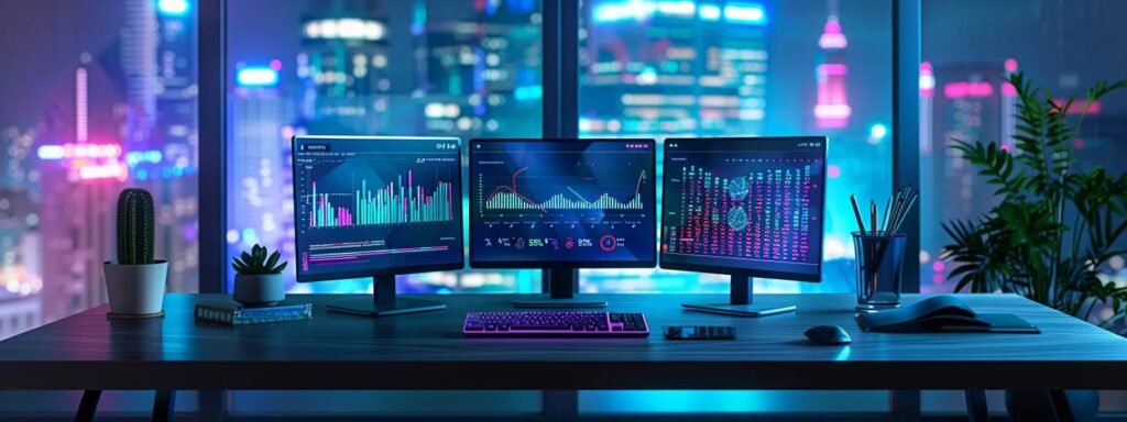 a sleek, modern workspace features a vibrant digital dashboard displaying dynamic analytics and colorful graphs, showcasing the effectiveness of ai-generated content.