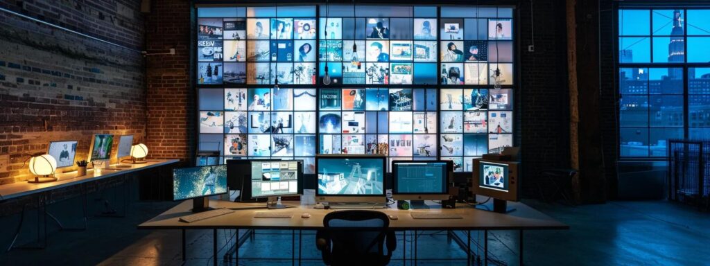 a sleek, modern workspace is illuminated by soft, natural light, showcasing a visually engaging digital display of diverse user-generated content arranged in vibrant, dynamic patterns.