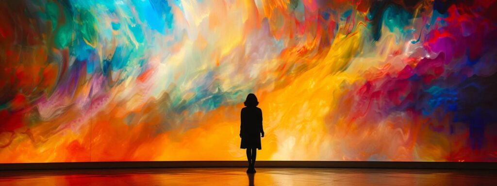 a solitary artist stands before a vibrant canvas, grappling with the dual realities of creativity and artificial influence amidst a swirling backdrop of vivid colors.