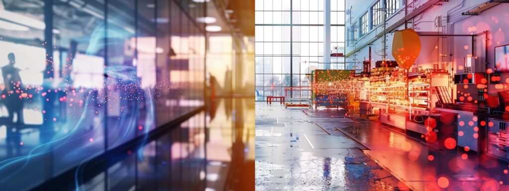a striking comparison between a sleek, digital landscape representing ai-generated content and a vibrant, chaotic workspace filled with user-created materials, highlighting the balance of innovation and creativity.