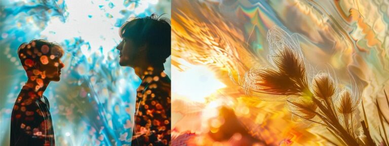 a striking juxtaposition of a vibrant, intricate digital artwork alongside a candid, sunlit photograph of a genuine moment, highlighting the contrast between ai-generated creativity and authentic human expression.