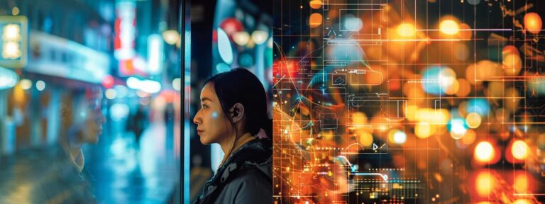 a striking split image showcases vibrant, engaging digital content on one side and a warm, authentic moment of traditional storytelling on the other, juxtaposing their impact on viewer engagement.