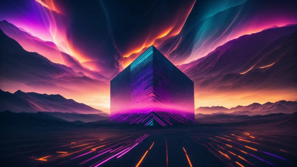 a striking visual of a digital landscape filled with vibrant algorithms and data streams, symbolizing the complex challenges of ai ugc moderation under a dramatic, glowing sky.