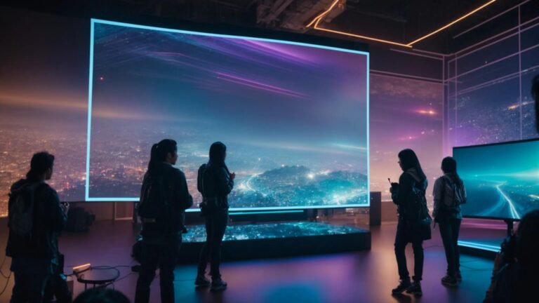 a vibrant and engaging digital landscape showcases a diverse group of users collaborating around a glowing holographic display, symbolizing the importance of trust in ai-generated content.