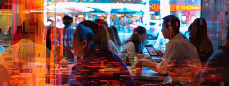 a vibrant, bustling café filled with engaged customers captivated by their glowing smartphones, showcasing the dynamic influence of ai-generated user-generated content in a modern marketing landscape.