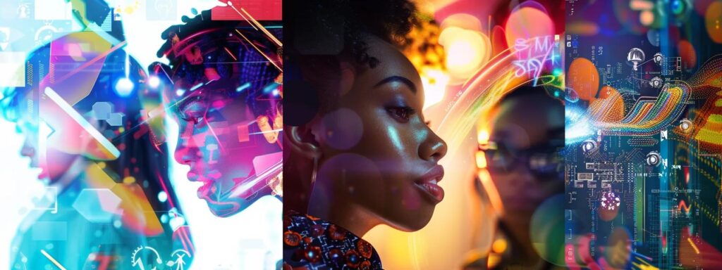 a vibrant collage of diverse digital creators, immersed in their technology, bringing imaginative ideas to life against a backdrop of swirling, colorful graphics.