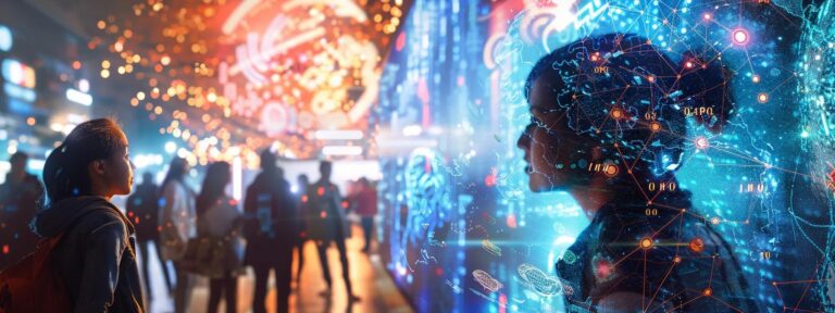 a vibrant digital landscape showcases diverse people engaging with various ai tools, illustrating the evolution of content creation.