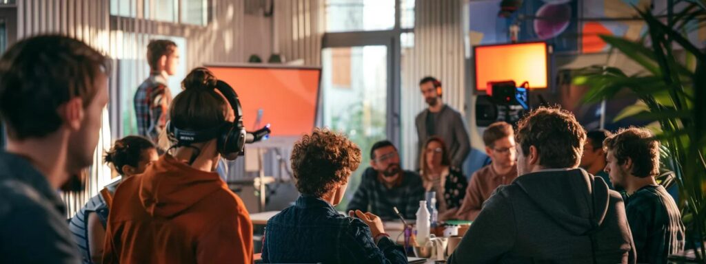 a vibrant workshop filled with innovative tools and diverse individuals passionately discussing the intricacies of ensuring authenticity in ai-generated content.