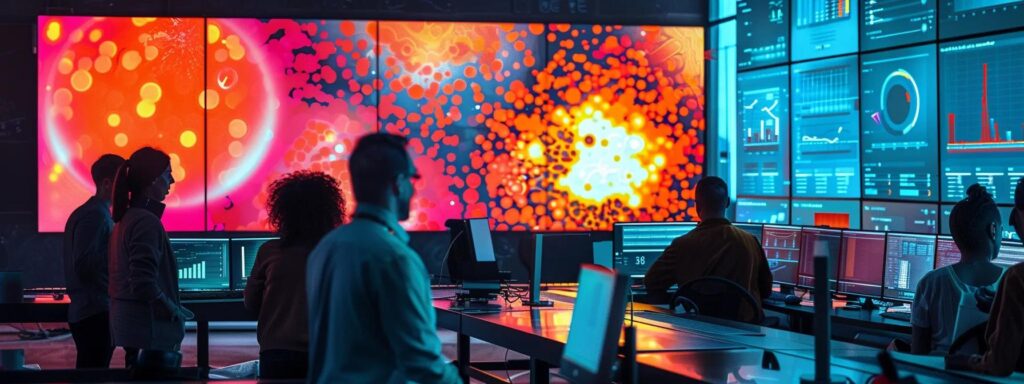 a vibrant workspace filled with innovative gadgets and a large screen displaying dynamic data analytics, embodying the essence of ai-driven quality control.