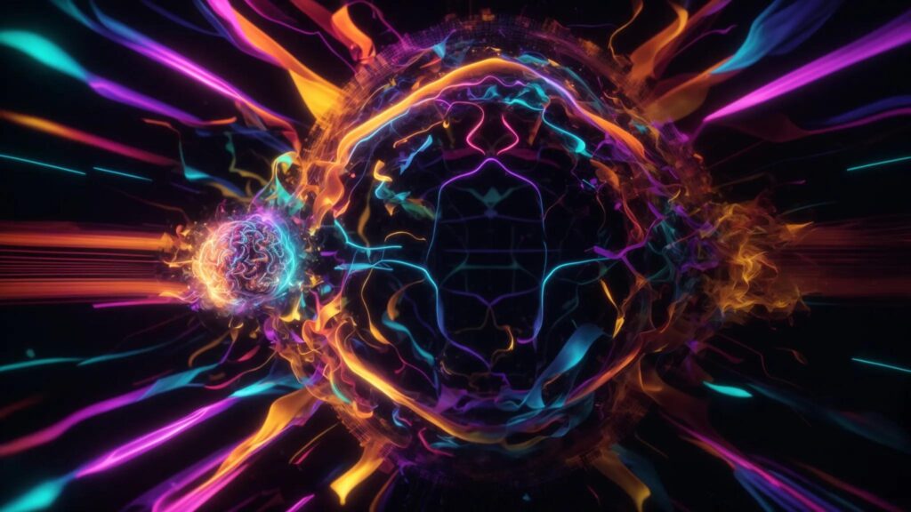a visually arresting abstract representation of an ai brain, pulsing with vibrant colors, contrasts sharply against a dark background, symbolizing the complexities and biases in ai-generated user content.