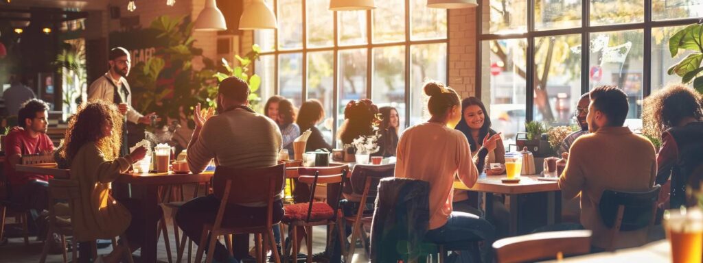 a warm, sunlit café filled with diverse individuals sharing laughter and stories over steaming cups of coffee, embodying the essence of authentic human connection.