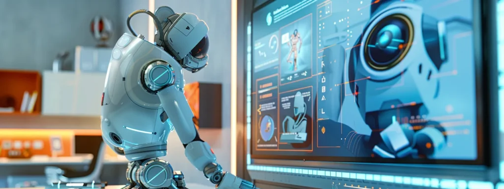 an ai-powered robot diligently crafting eye-catching advertisements on a sleek digital screen.