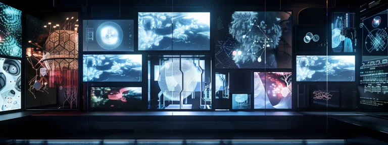 an illuminated computer screen displaying various ai content creation tools with sleek, modern designs.