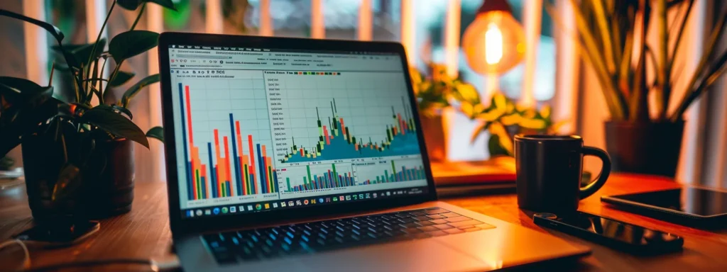 a laptop screen displaying a graph with colorful bars and a upwards trend, showcasing key metrics for measuring ugc ads performance.