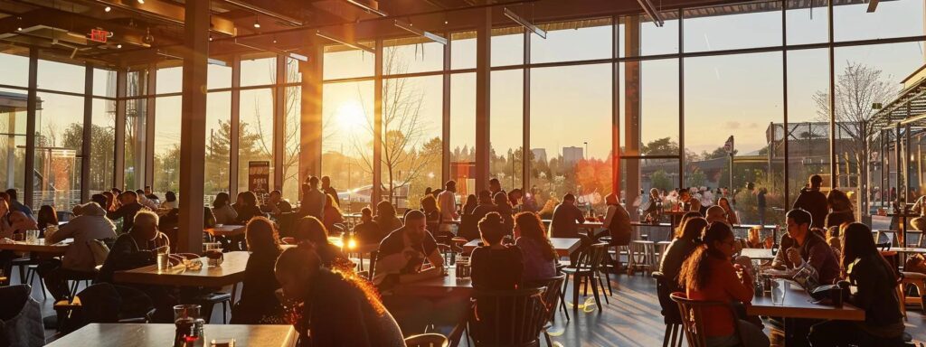 a vibrant, modern café bustling with diverse individuals sharing stories, their faces illuminated by the warm glow of a golden sunset filtering through large windows.