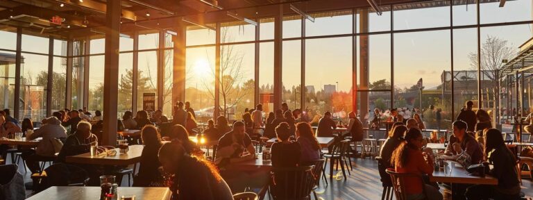 a vibrant, modern café bustling with diverse individuals sharing stories, their faces illuminated by the warm glow of a golden sunset filtering through large windows.
