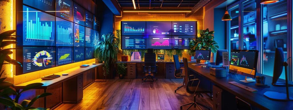 a bold and dynamic digital workspace filled with vibrant graphs and innovative ai-driven marketing strategies, illuminated by warm, focused lighting that highlights the tools of effective advertising.