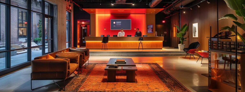 a bold and inviting conference room with sleek, modern furnishings and a large, interactive digital screen displaying discounted service agreements, illuminated by soft, ambient lighting that enhances the atmosphere of collaboration and innovation.
