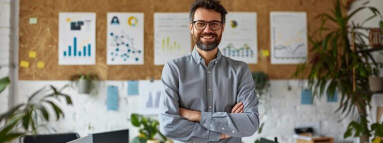 a budget-conscious marketer stands confidently in a modern office surrounded by visually engaging charts and infographics, showcasing the transformative power of ai advertising.