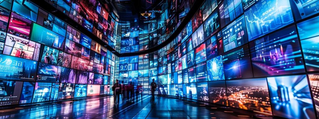 a captivating and futuristic marketing landscape showcasing vibrant digital screens displaying creative ai advertising concepts, illuminated by a dynamic light play that emphasizes innovation and engagement.