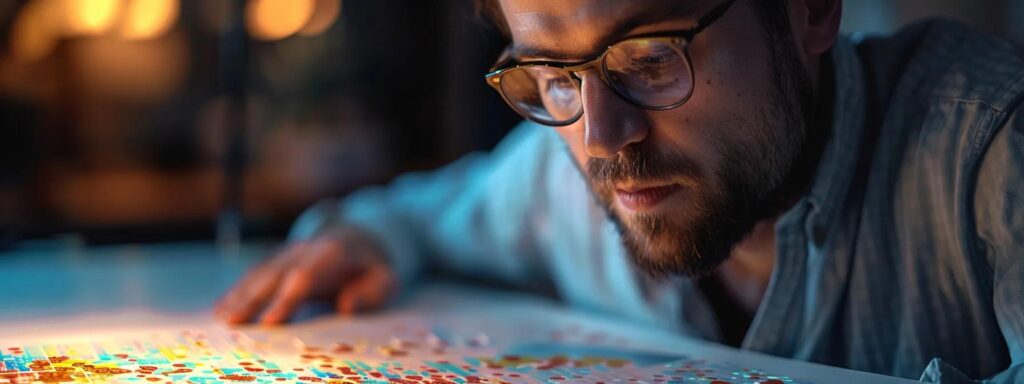 a captivating close-up of a thoughtful professional studying a complex infographic on hidden costs of ai ugc platforms, illuminated by soft, focused lighting that highlights the intricate details and vibrant colors of the data visualization.