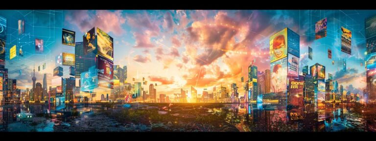 a captivating digital landscape filled with vibrant, colorful ai-generated advertisements bursting with creativity, set against a futuristic city skyline illuminated by a dazzling sunset that symbolizes soaring engagement.