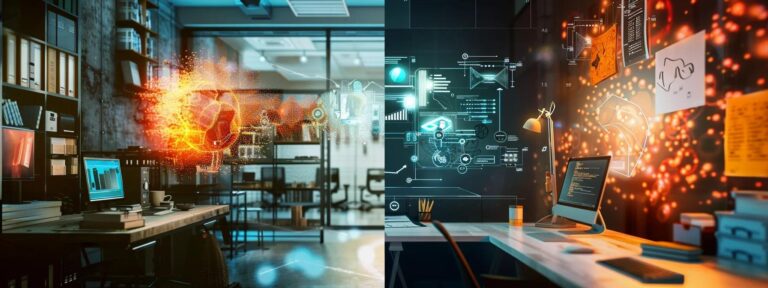 a captivating juxtaposition showcasing a sleek, modern ai interface generating vibrant advertisements on one side, contrasted with a creative workspace filled with traditional manuals and brainstorming materials on the other, illuminated by dynamic, focused lighting.