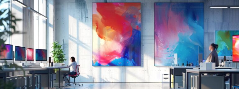 a captivating, modern workspace filled with vibrant ai-generated artwork that seamlessly blends innovative technology with authentic brand storytelling, illuminated by soft, natural light.