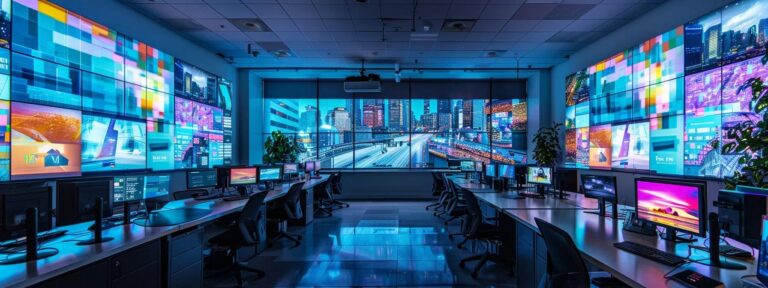 a captivating office environment filled with vibrant digital screens showcasing dynamic, engaging ai-generated ads, illuminated by soft, focused lighting that emphasizes the struggle of creativity in the technology-driven advertising world.