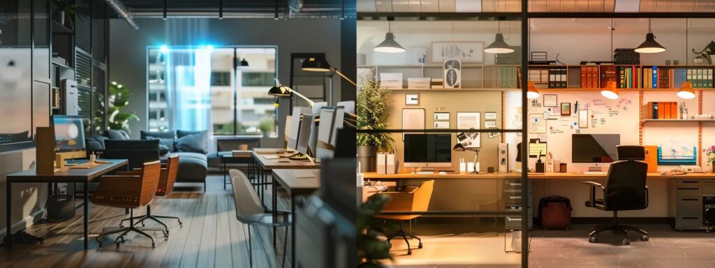 a captivating split-screen image contrasting a vibrant digital workspace filled with ai ad-generating tools on one side, and a traditional, cluttered advertising office with print materials and brainstorming boards on the other, illuminated by soft, natural light to highlight the modern versus classic approach.