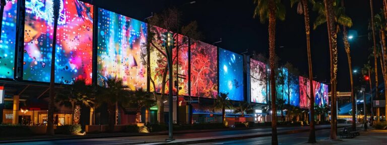 a captivating urban landscape illuminated by vibrant digital billboards showcasing innovative ai applications, symbolizing the promising future of evaluating roi in user-generated content.