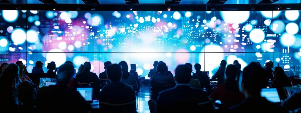 a captivating visual depicting a dynamic conference room filled with diverse professionals passionately discussing innovative ai solutions, surrounded by vibrant digital screens showcasing user-generated content metrics and incentives for long-term collaboration.