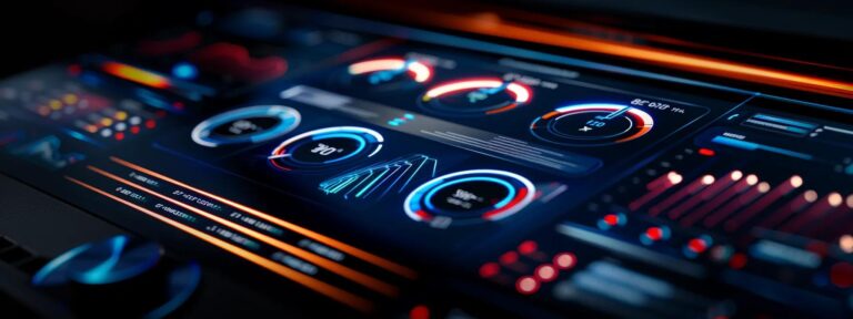 a dramatic close-up of a sleek, futuristic dashboard displaying vibrant graphs and metrics, symbolizing the evaluation of ai-generated user content solutions for optimal return on investment.