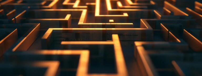 a dramatic close-up of a labyrinthine maze created from fluctuating bills and invoices, symbolizing the hidden costs lurking within an ai ugc platform subscription, illuminated by stark, overhead lighting that casts deep shadows.