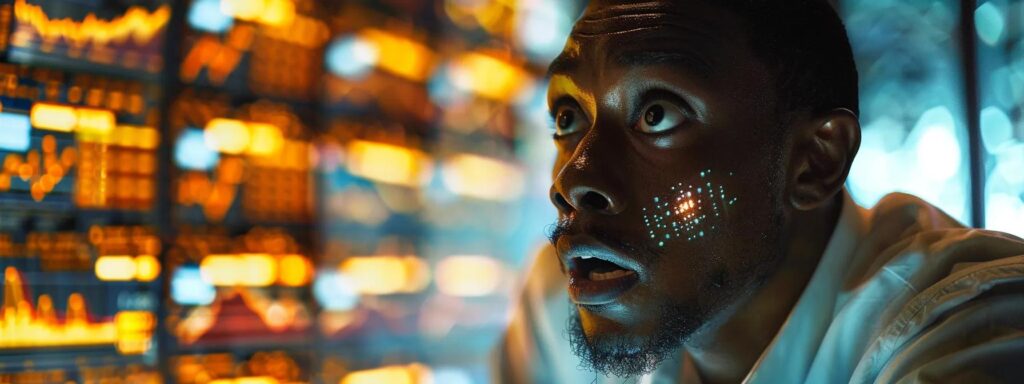 a dramatic close-up of a perplexed individual with a confused expression illuminated by the glow of multiple screens displaying complex graphs and statistics, symbolizing the hidden costs of ai ugc platforms.