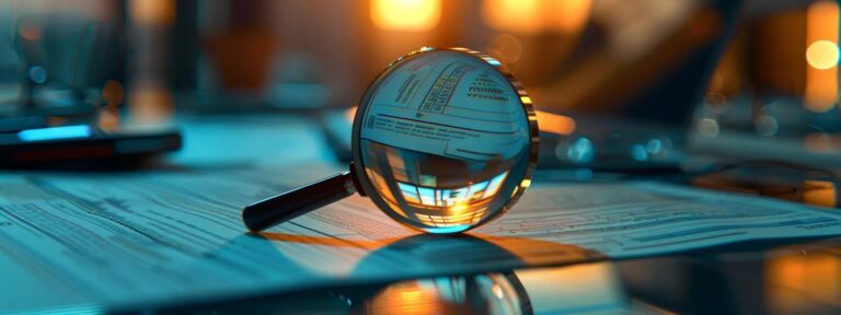 a dramatic close-up of a magnifying glass hovering over a stack of invoices and digital graphics, illuminated by soft, focused lighting, symbolizing the meticulous examination of hidden costs in ai ugc services.
