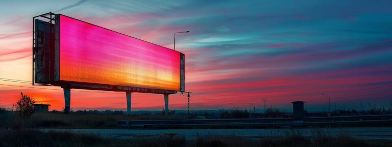 a dramatic juxtaposition of a sleek, futuristic digital billboard glowing in vibrant colors beside a weathered, faded traditional print advertisement, illuminated by soft twilight tones.