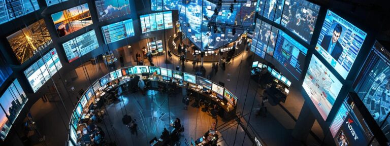 a dramatic overhead view of a bustling digital workspace illuminated by vibrant screens displaying user-generated content, emphasizing the dynamic intersection of technology and creativity in ai platforms.
