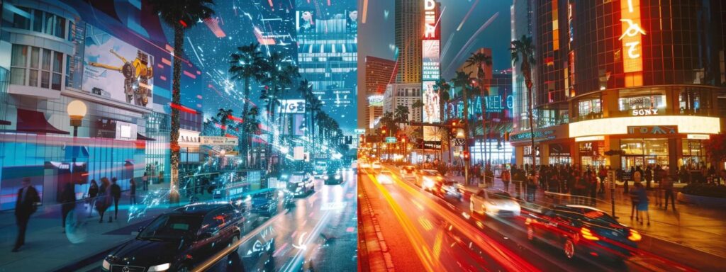 a dramatic split-screen image showcases the contrasting vibrancy of an ai ad generator on one side, filled with dynamic digital graphics and futuristic elements, juxtaposed against the nostalgic, muted tones of traditional marketing materials on the other, emphasizing the evolution of advertising techniques.