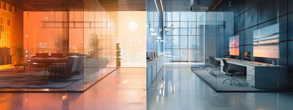 a dramatic split-screen image visually contrasts a sleek, modern ai ad generator interface with a cluttered, outdated traditional advertising workspace, illuminated by stark lighting that highlights the disparity in efficiency and cost-effectiveness.