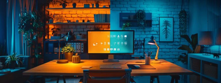a dramatic split-screen image showcasing a sleek, modern ai ugc tool interface on one side juxtaposed with a cluttered traditional marketing workspace, illuminated by contrasting warm and cool lighting to highlight the evolution in content creation methods.