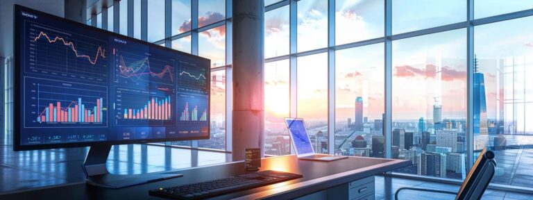 a dynamic and analytical workspace with a large digital screen displaying vibrant graphs and ai-generated content metrics, illuminated by soft natural light streaming through expansive windows, emphasizing the theme of innovative cost analysis.