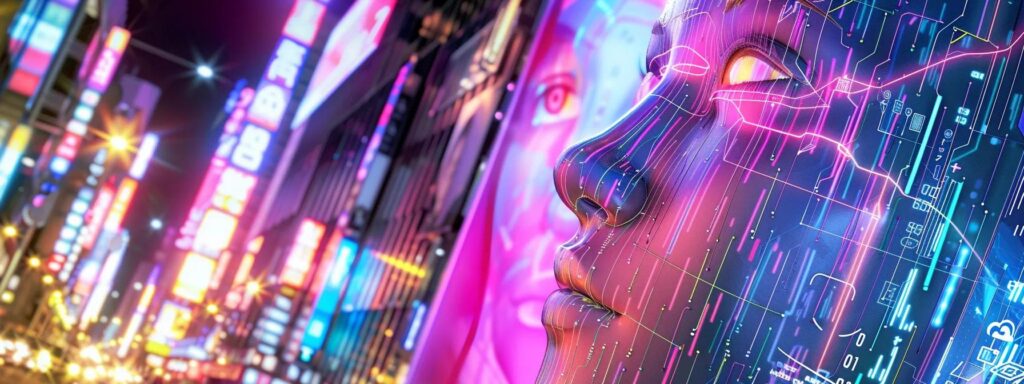 a dynamic and colorful split-image showcasing artificial intelligence ads on one side, contrasted against traditional marketing visuals, both illuminated by striking neon lighting to emphasize the evolution of advertising performance.