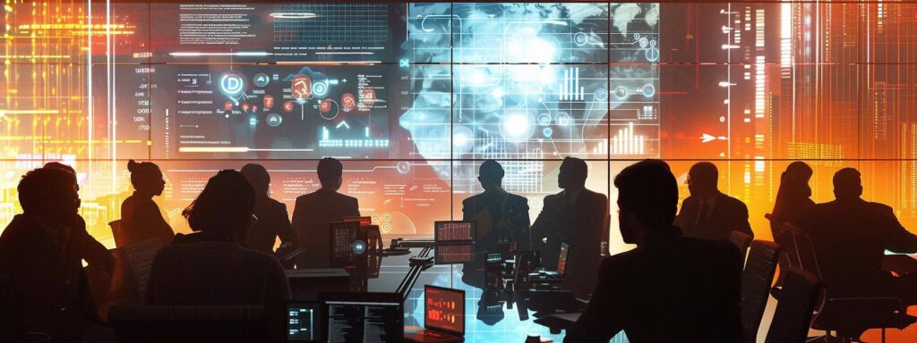 a dynamic and engaging boardroom scene featuring a diverse group of professionals intently analyzing and discussing a digital screen filled with vibrant charts and metrics on roi for ai-generated content, illuminated by bright, ambient lighting.