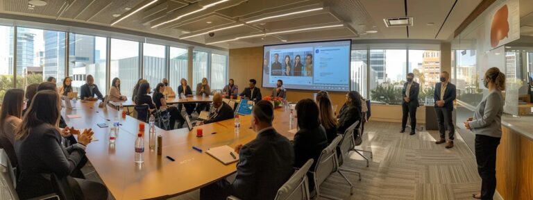 a dynamic and engaging visual of a diverse group of business professionals in a modern conference room, immersed in a lively discussion about the strategies and pricing of ai-generated user-generated content, illuminated by soft natural light streaming through large windows.